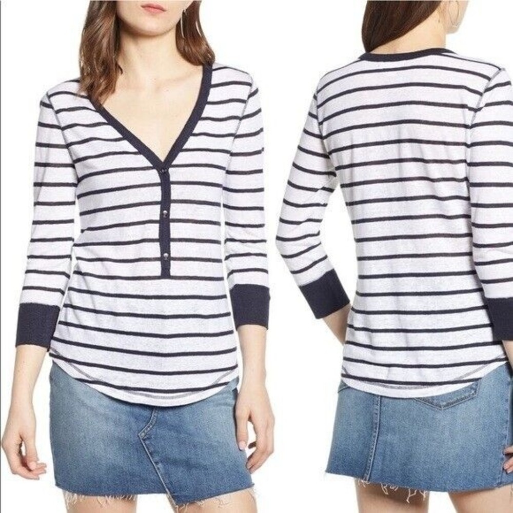 Treasure & Bond Large Striped Henley Top Navy Blue Button Front V-Neck Linen